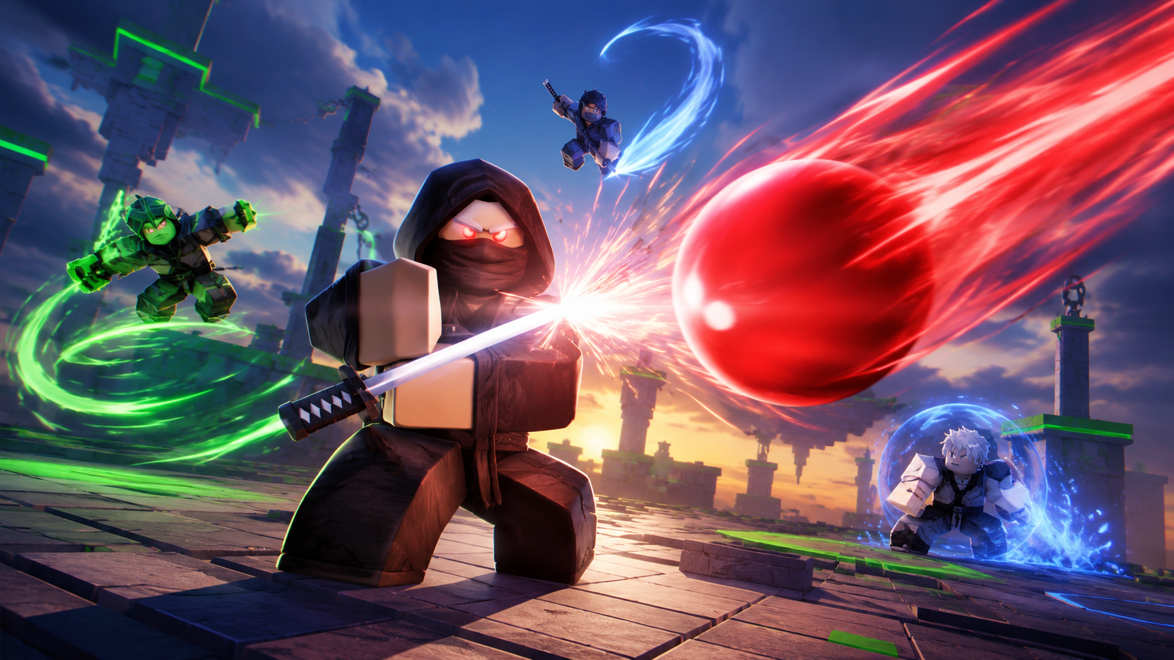 Wallpaper Blade Ball 4K phong cách Roblox với chiến binh ninja cầm kiếm chặn quả cầu đỏ trong đấu trường bay đầy hiệu ứng năng lượng.