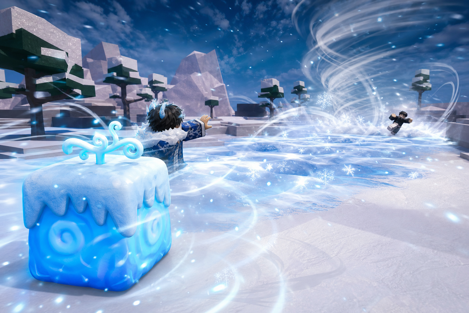 Blizzard Fruit màu xanh phát sáng nằm phía trước, trong khi một nhân vật tạo xoáy băng tuyết hướng về nhân vật đang bay.