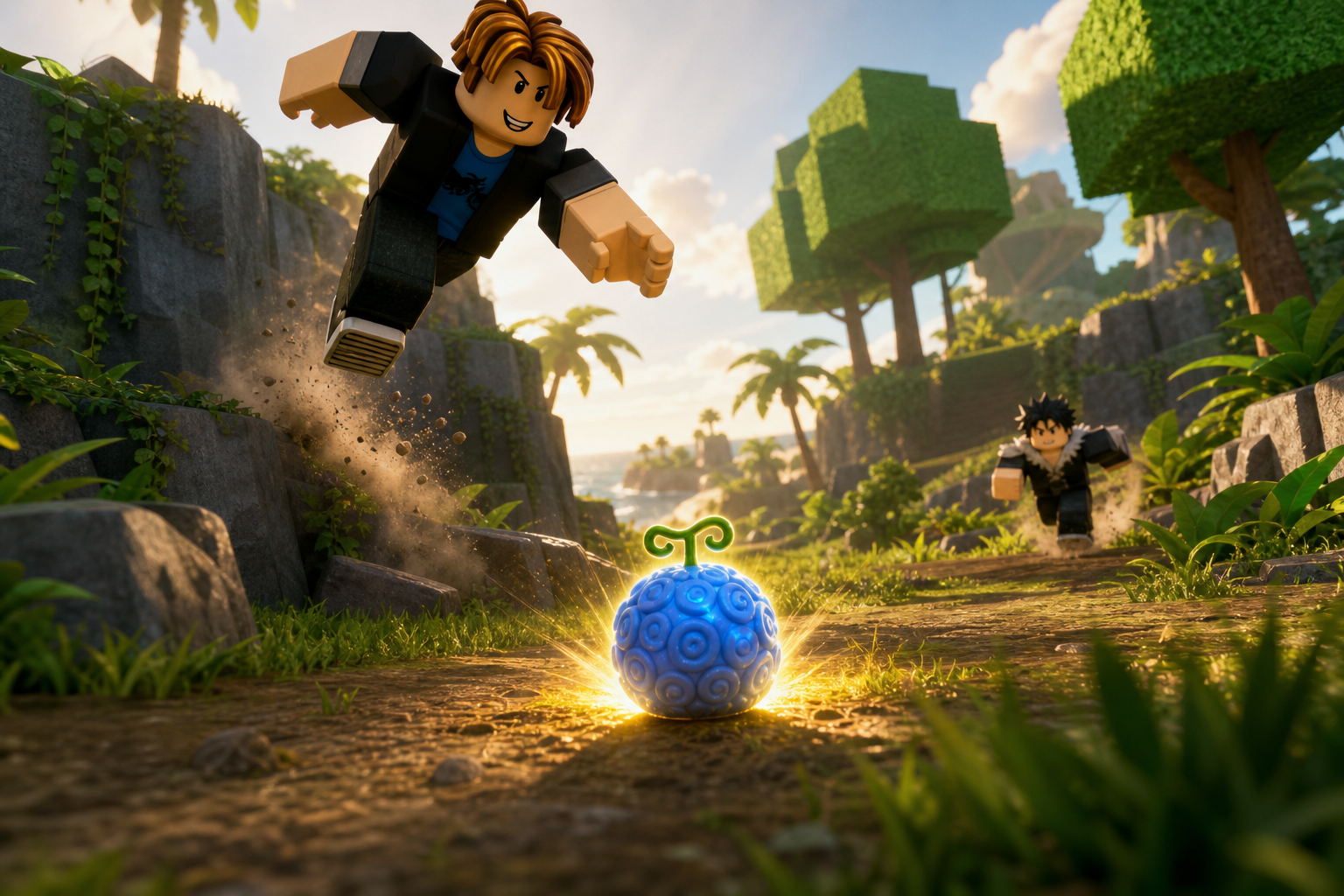Nhân vật Roblox lao đến quả Fruit phát sáng trên con đường giữa khu rừng nhiệt đới, trong khi nhân vật khác đuổi theo phía sau