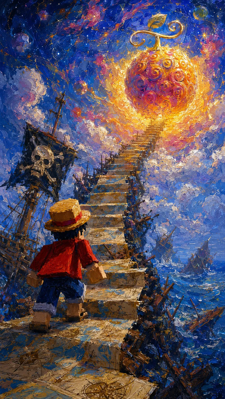 Luffy đội mũ rơm quay lưng bước lên các bậc thang họa tiết bản đồ giữa biển xác tàu hướng về quả cầu vàng