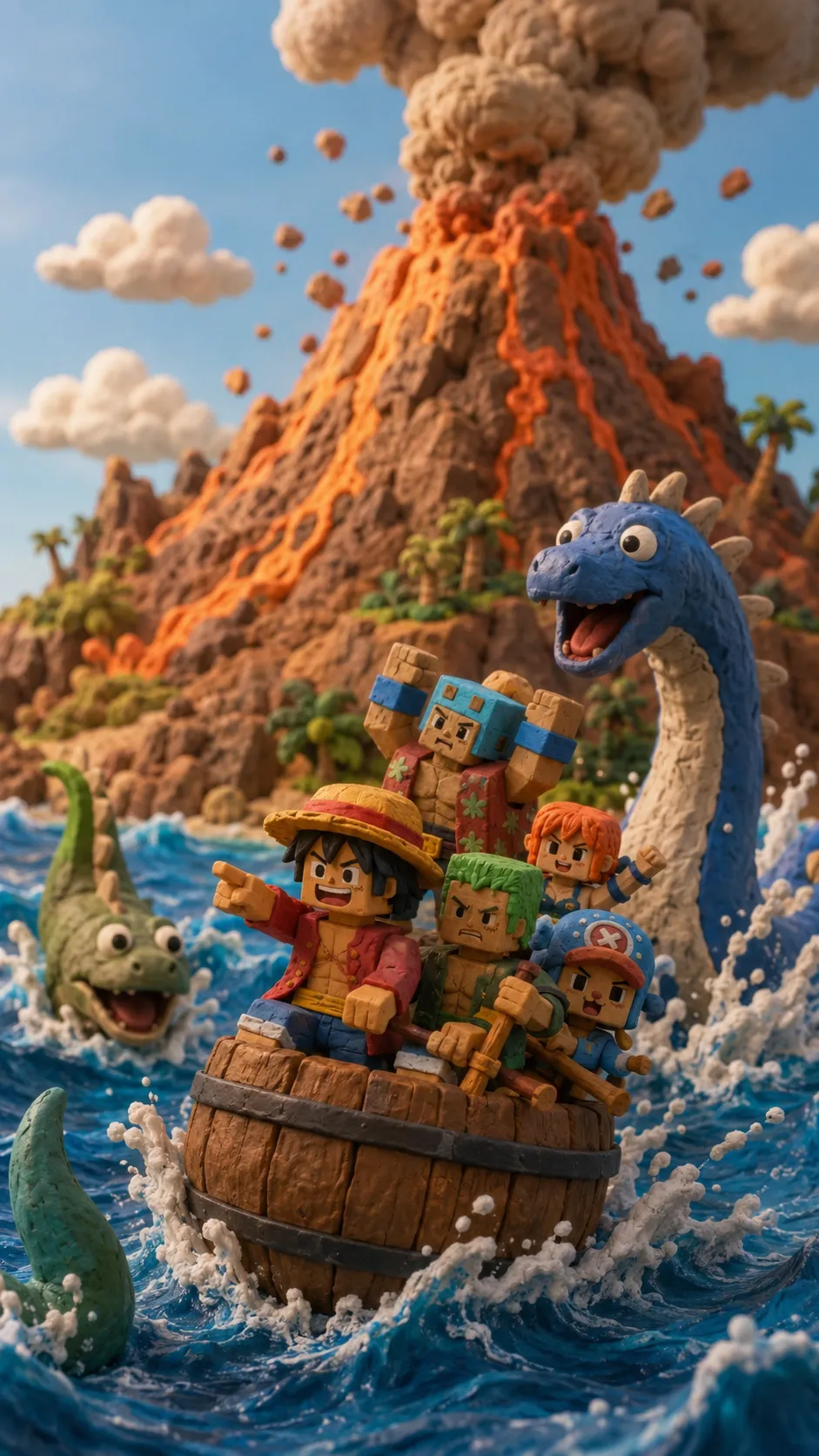 Nhóm nhân vật gồm Luffy, Zoro, Nami, Chopper và Franky trên thuyền gỗ giữa biển sóng cuộn bên cạnh rồng xanh và ngọn núi lửa đang phun nham thạch