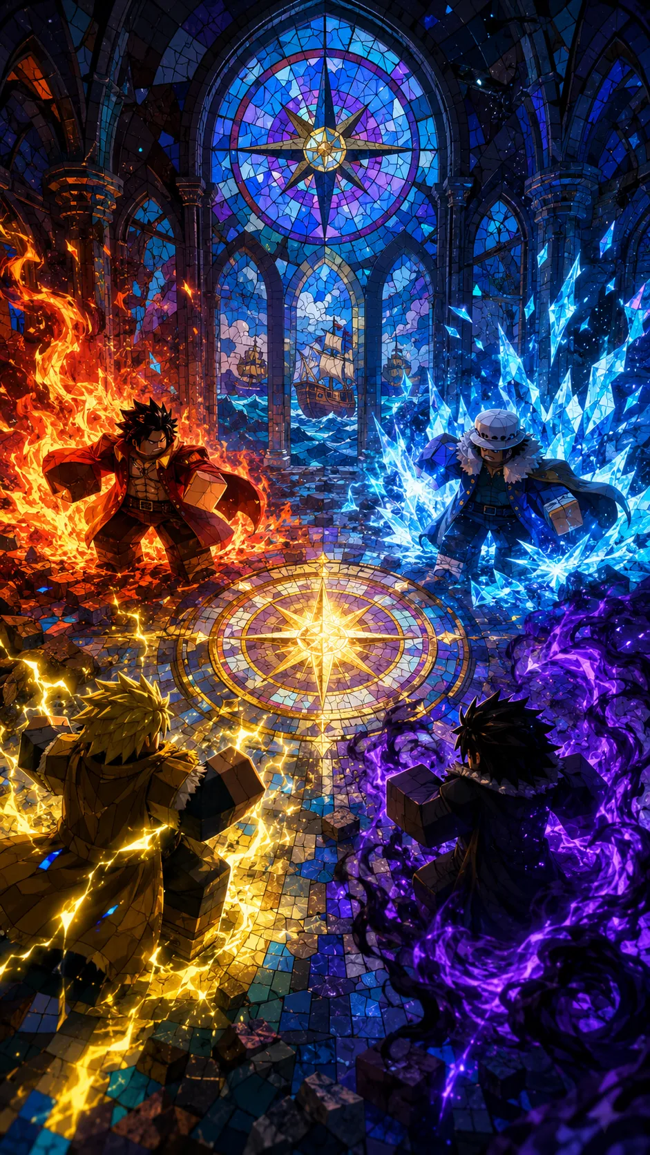 Bốn nhân vật anime thi triển lửa, băng, điện vàng và khói tím đối đầu quanh sàn kính tròn trong nhà thờ
