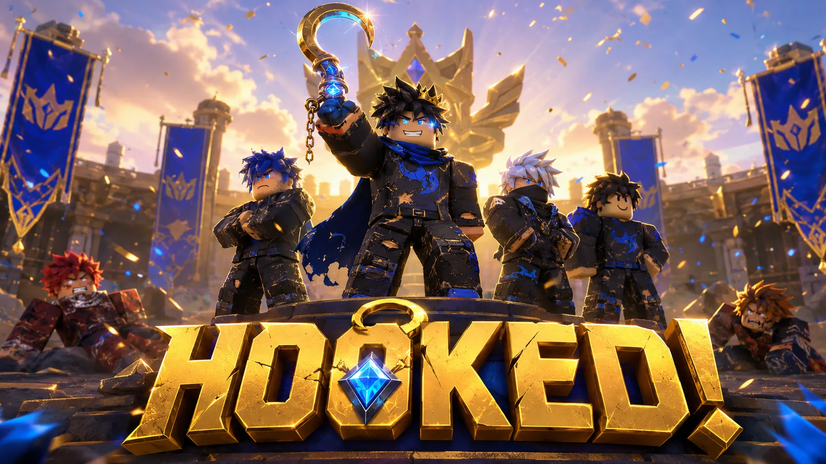Các nhân vật Roblox Hooked đứng trong đấu trường fantasy với biểu trưng vàng, hình nền ngang cho PC