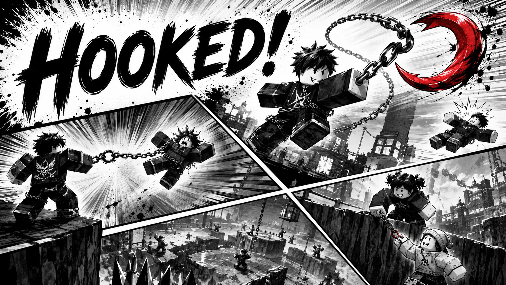 Hình nền Roblox Hooked phong cách manga với nhân vật chiến đấu bằng xích trong cảnh đen trắng, dành cho PC ngang 1672x941