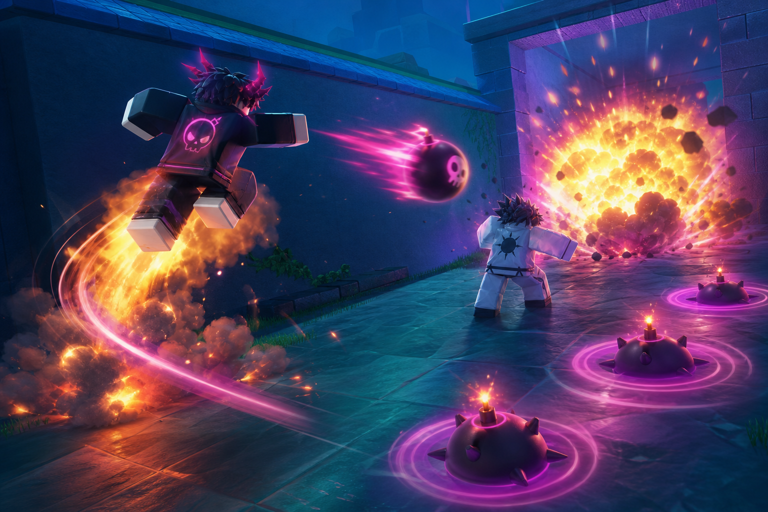 Nhân vật Roblox phóng bom hình cầu giữa vụ nổ, các mìn gai phát sáng rải trên sân đá trong khung cảnh chiến đấu