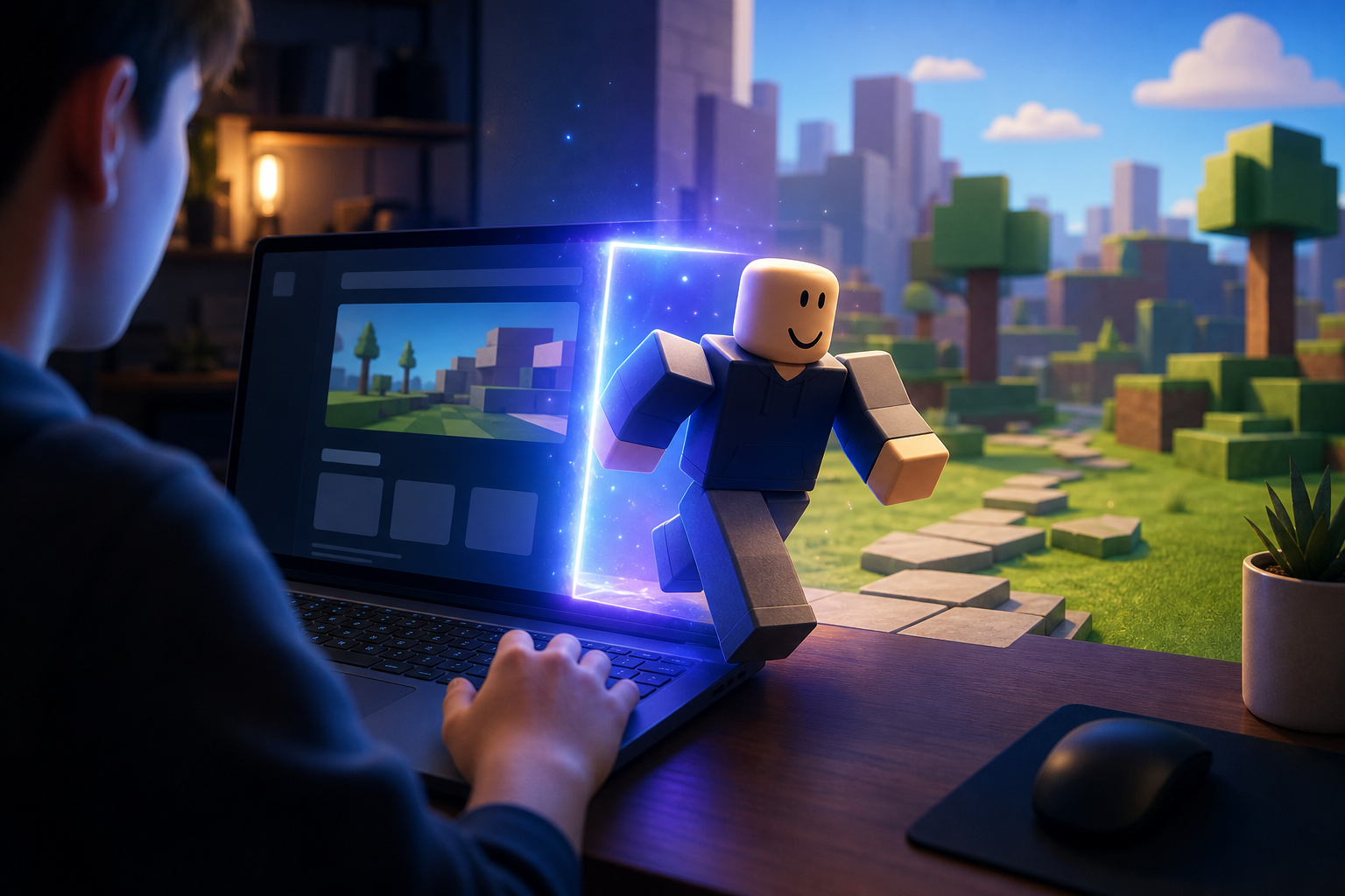 Người mới dùng laptop và avatar Roblox trung tính bước vào một trải nghiệm 3D từ màn hình.