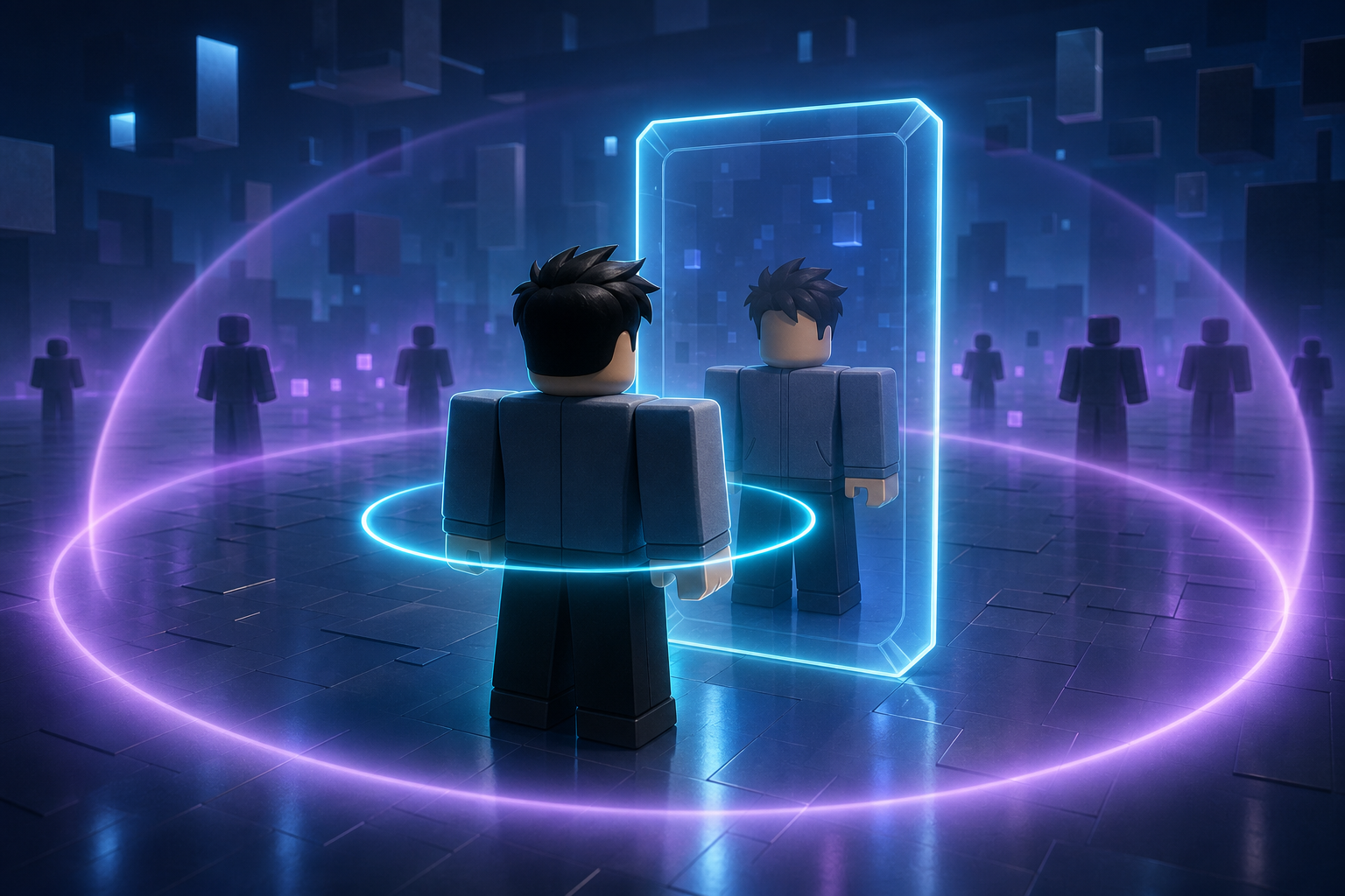 Nhân vật phong cách Roblox đứng trước gương phát sáng, xung quanh có các hình người mờ trong không gian kỹ thuật số.