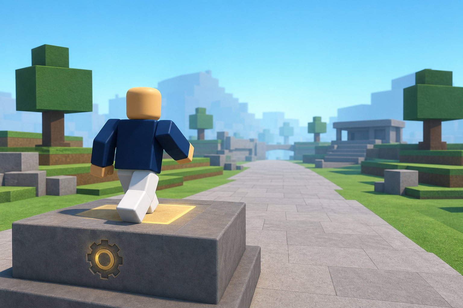 Avatar khối đứng trên bệ có biểu tượng bánh răng vàng giữa công viên phong cách Roblox với cây và lối đi lát đá