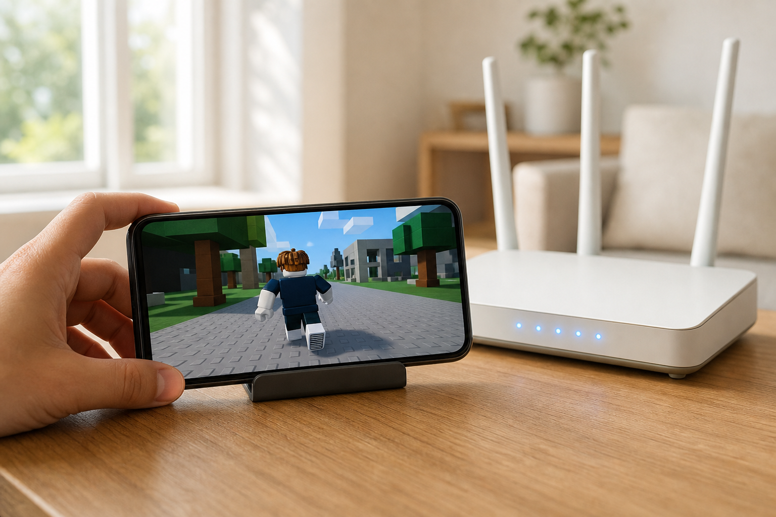 Tay cầm điện thoại chơi Roblox cạnh bộ định tuyến Wi‑Fi có đèn báo xanh trên bàn gỗ