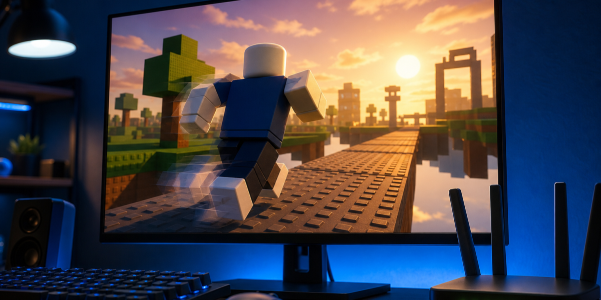 Màn hình máy tính hiển thị nhân vật Roblox chạy trên cầu khối, cạnh bàn phím, chuột và bộ định tuyến phát sáng.