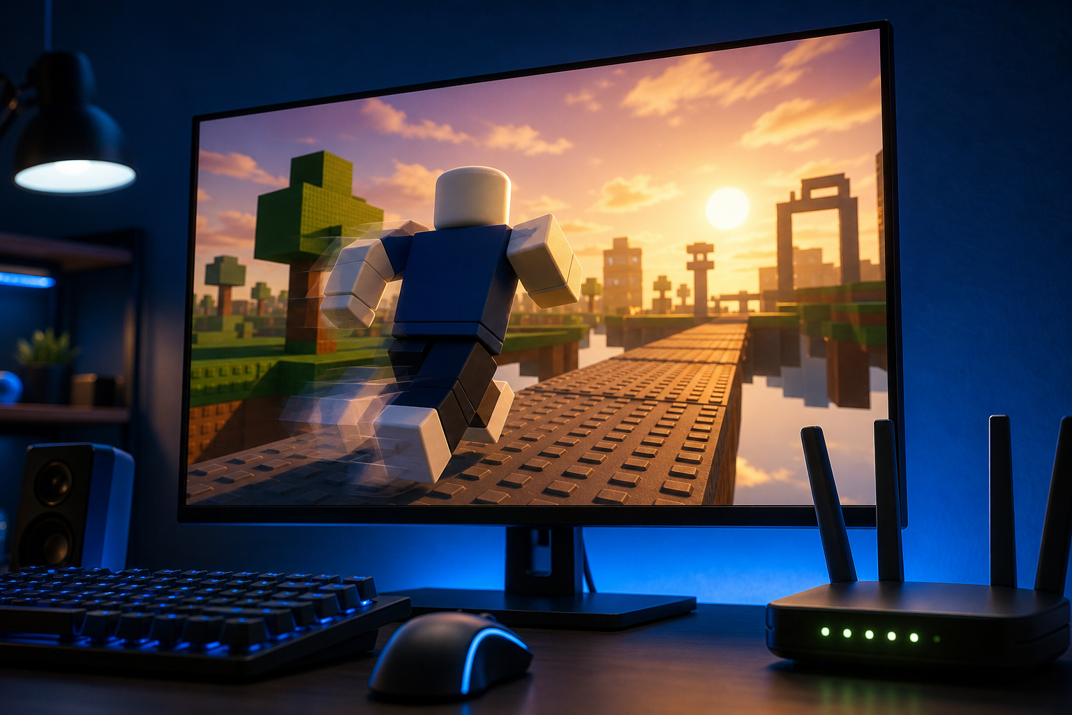 Màn hình máy tính hiển thị nhân vật Roblox chạy trên cầu khối, cạnh bàn phím, chuột và bộ định tuyến phát sáng.