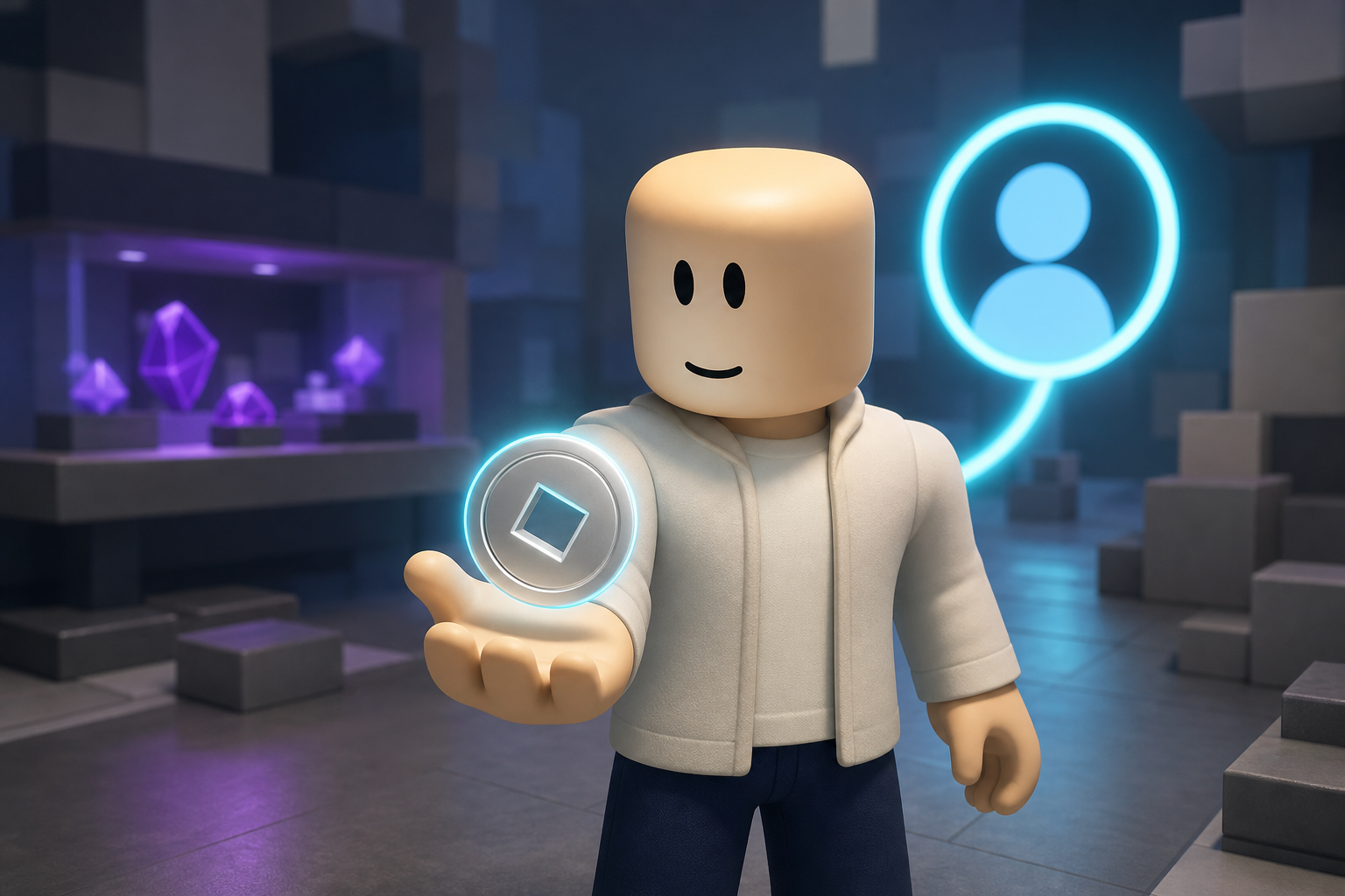 Nhân vật phong cách Roblox cầm biểu tượng Robux, phía sau có biểu tượng tài khoản và tinh thể tiền tệ trong game