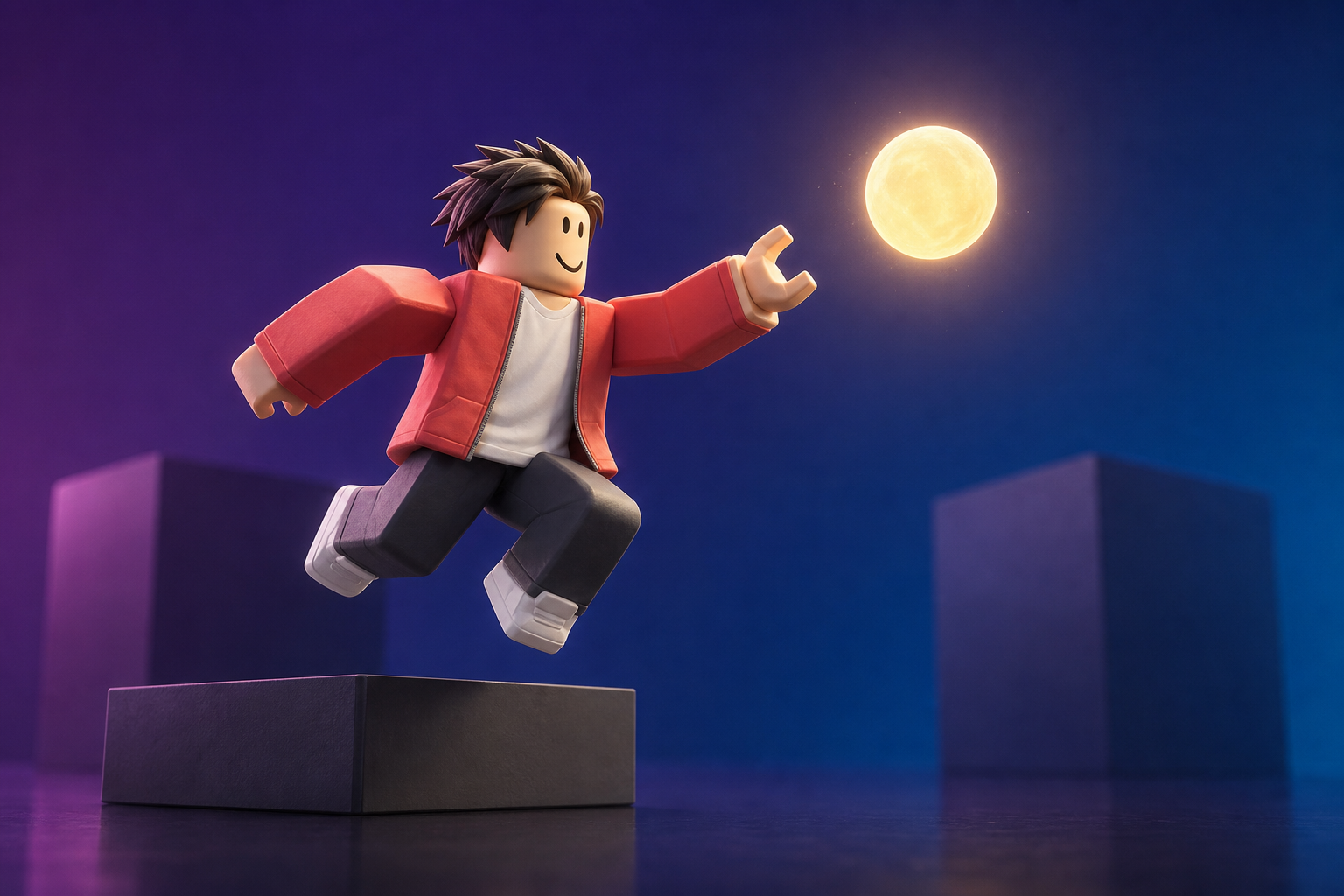 Avatar Roblox mặc áo khoác đỏ đang nhảy khỏi bục, đưa tay về phía mặt trăng trên nền xanh tím.