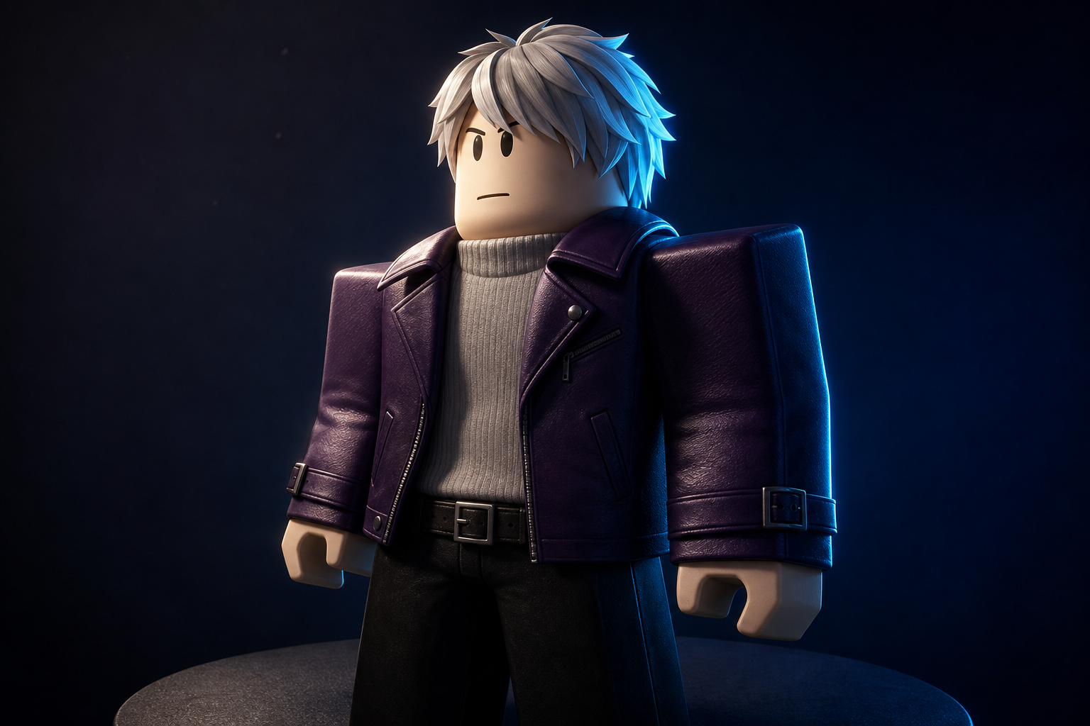 Avatar Roblox tóc xám mặc áo khoác da tím, được chiếu sáng ấm phía trước và viền xanh trên nền tối.