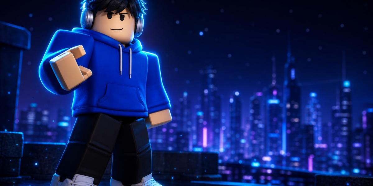 Avatar Roblox mặc áo hoodie xanh và tai nghe, đưa nắm tay về phía trước trên sân thượng trước thành phố đêm phát sáng.