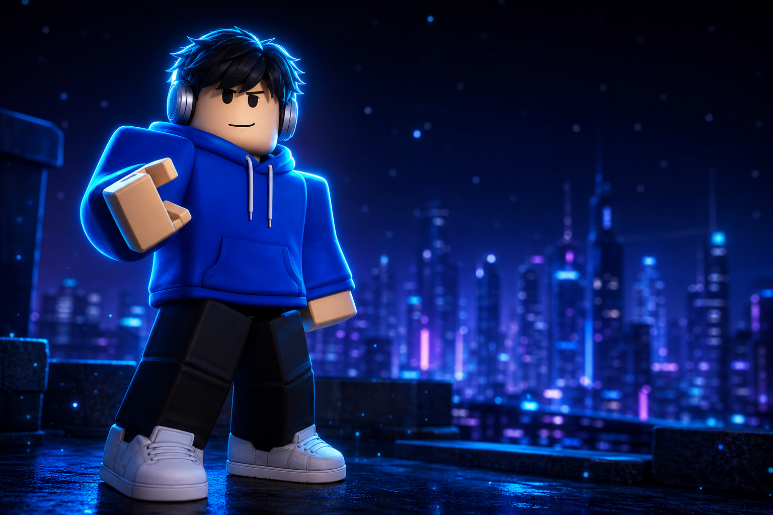 Avatar Roblox mặc áo hoodie xanh và tai nghe, đưa nắm tay về phía trước trên sân thượng trước thành phố đêm phát sáng.