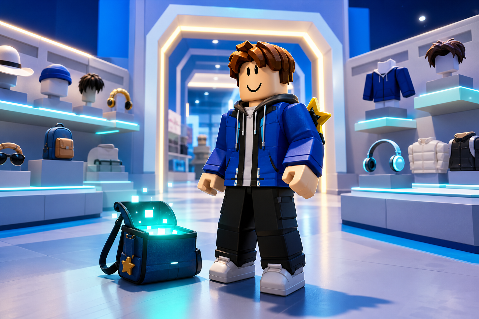 Nhân vật phong cách Roblox đứng trong cửa hàng phụ kiện, cạnh túi mở phát sáng và các vật phẩm trưng bày trên kệ.