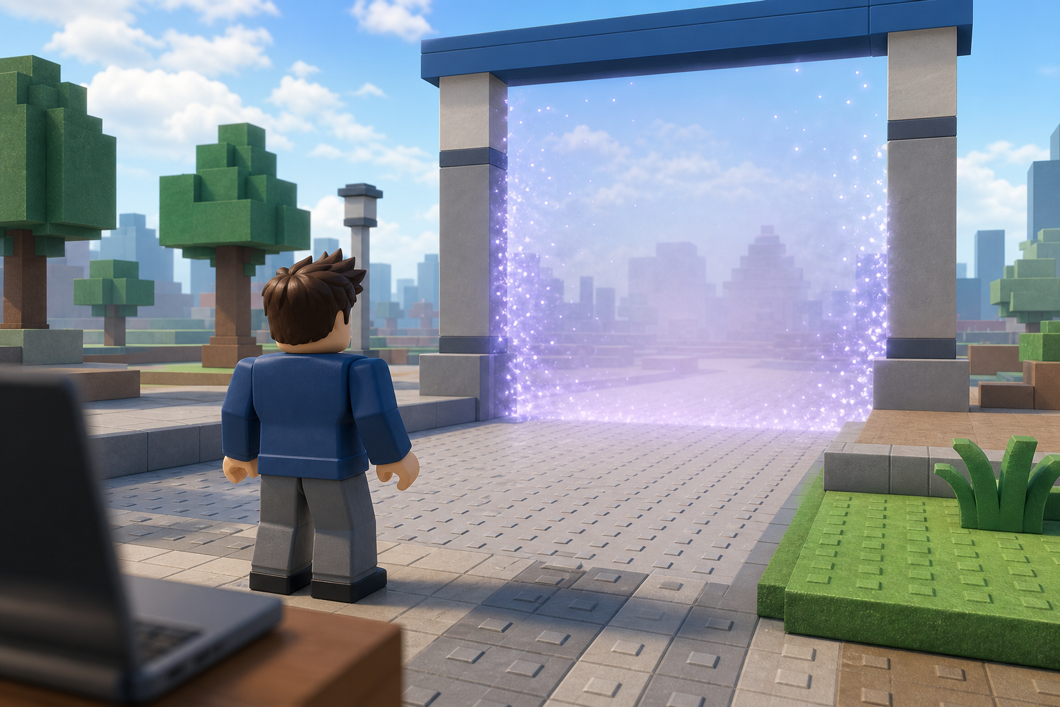 Avatar Roblox trung tính đứng trước cổng trải nghiệm chỉ tải một phần trong thế giới Roblox tối giản