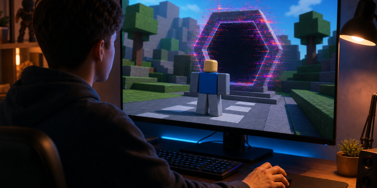 Người chơi trên PC nhìn avatar Roblox trung tính bị kẹt trước cổng vào trải nghiệm đang nhiễu.