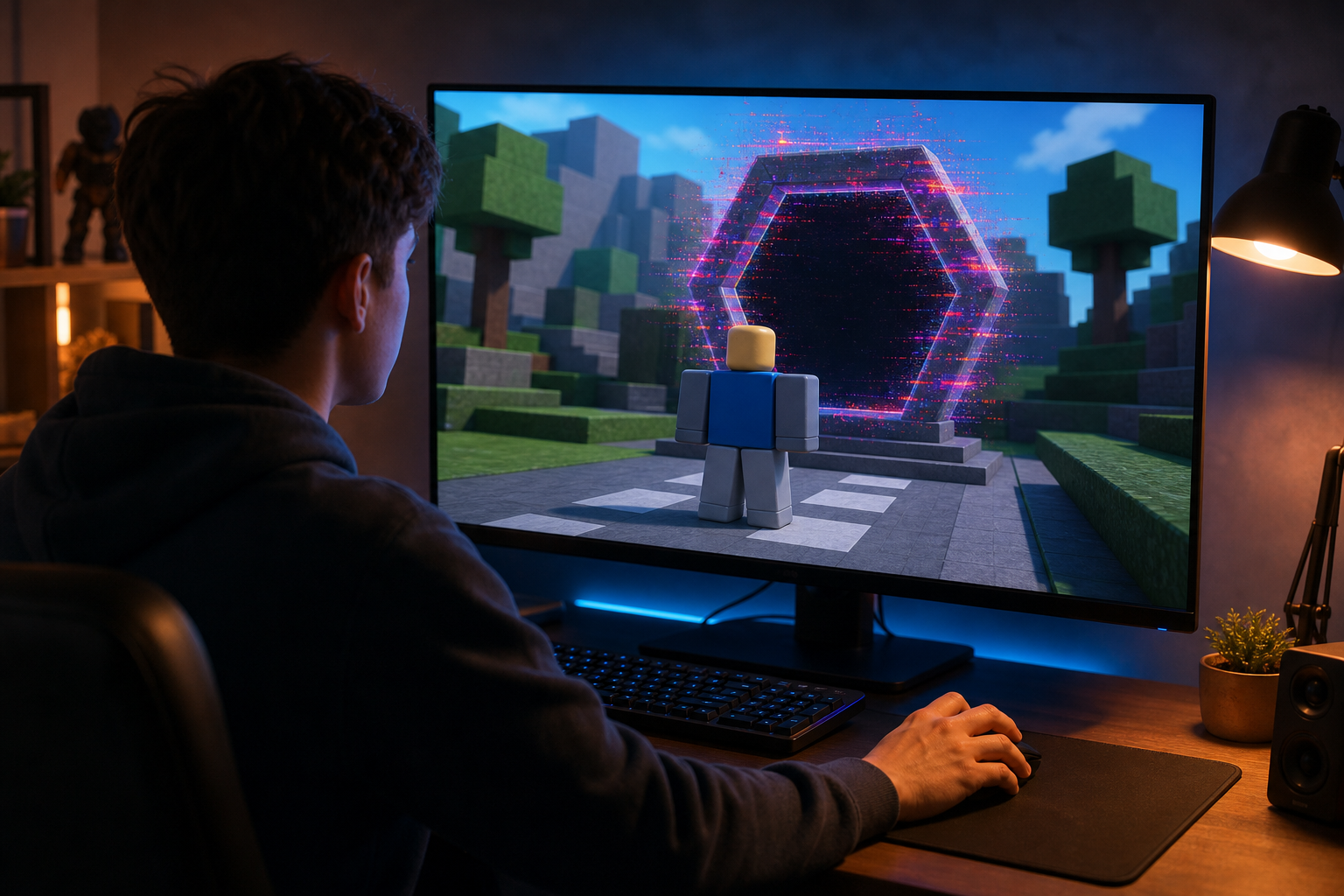 Người chơi trên PC nhìn avatar Roblox trung tính bị kẹt trước cổng vào trải nghiệm đang nhiễu.