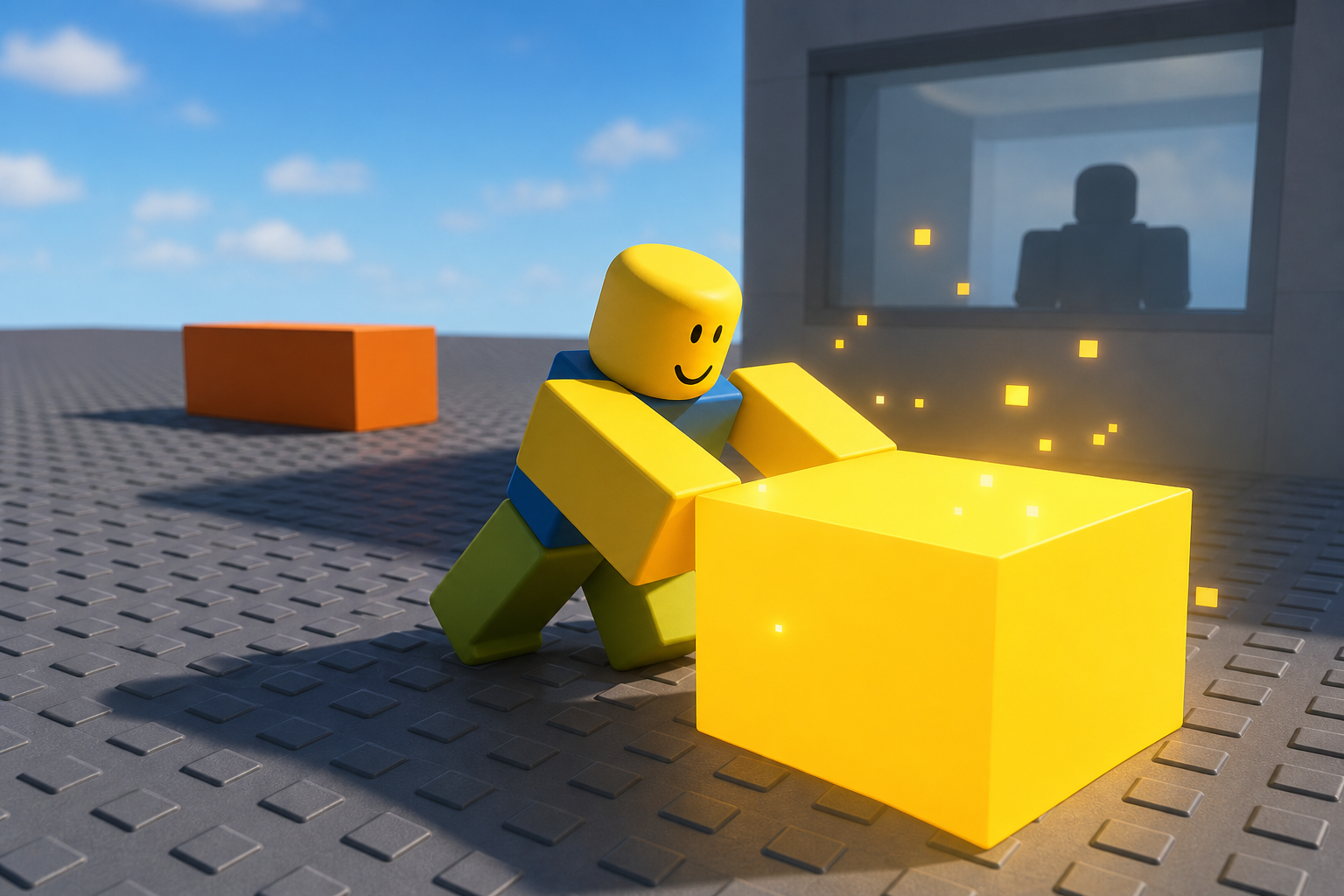 Avatar Roblox quỳ chạm vào khối lập phương vàng phát sáng trên nền sàn ô vuông, cạnh một tòa nhà.