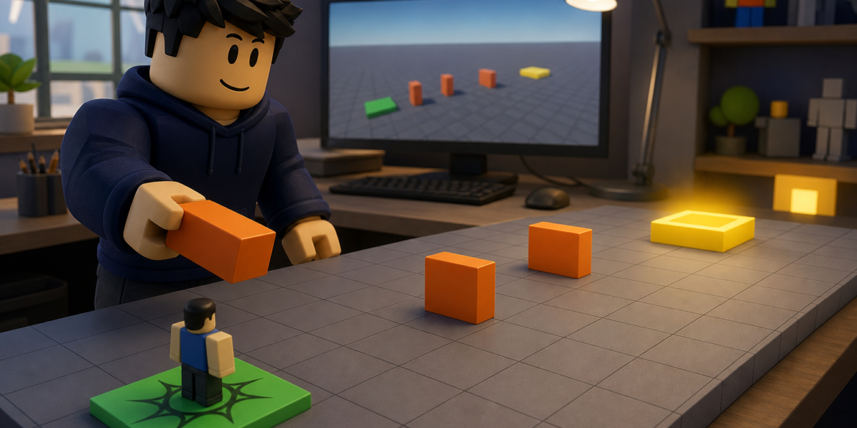 Nhân vật phong cách Roblox đặt khối cam lên bàn lưới, cạnh mô hình nhỏ và màn hình hiển thị các chướng ngại vật.