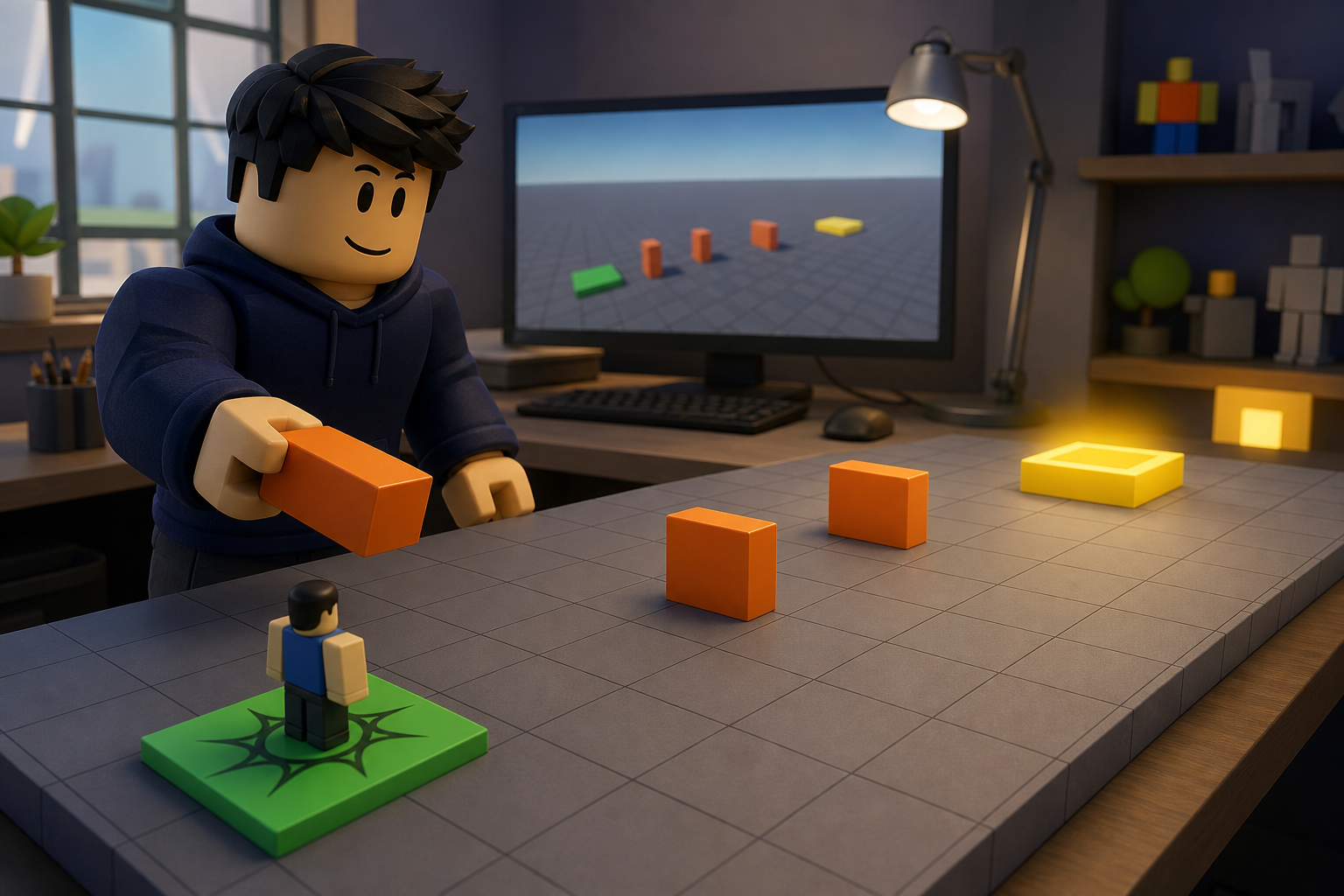 Nhân vật phong cách Roblox đặt khối cam lên bàn lưới, cạnh mô hình nhỏ và màn hình hiển thị các chướng ngại vật.