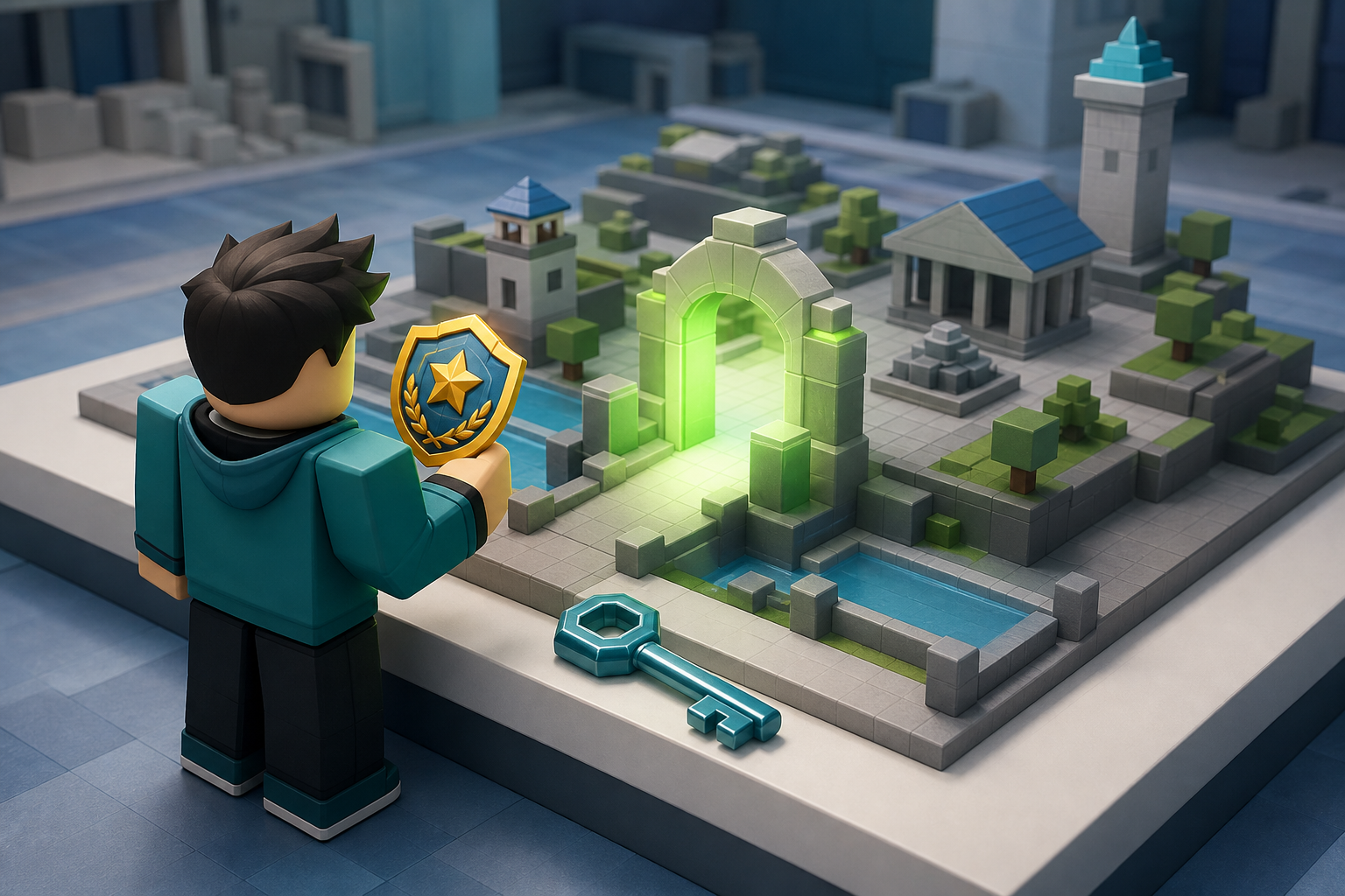 Nhân vật phong cách Roblox cầm huy hiệu nhìn mô hình bản đồ có cổng phát sáng xanh và chiếc chìa khóa ở phía trước.