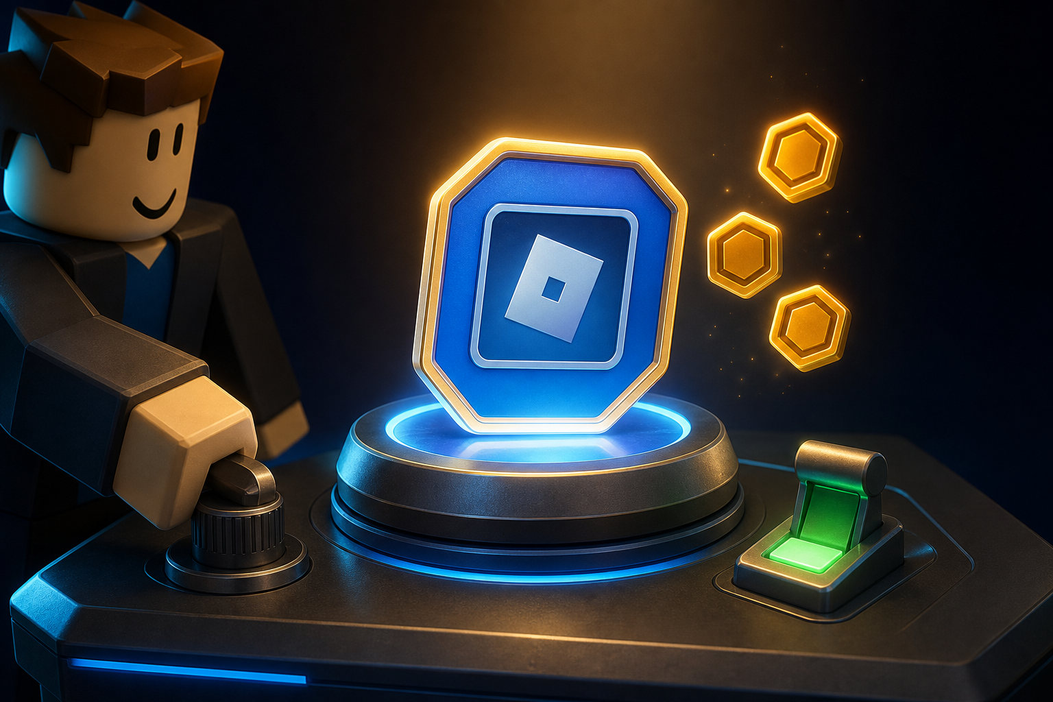 Nhân vật phong cách Roblox bên bàn điều khiển, cạnh huy hiệu logo, núm xoay, cần gạt xanh và ba biểu tượng đồng xu vàng.