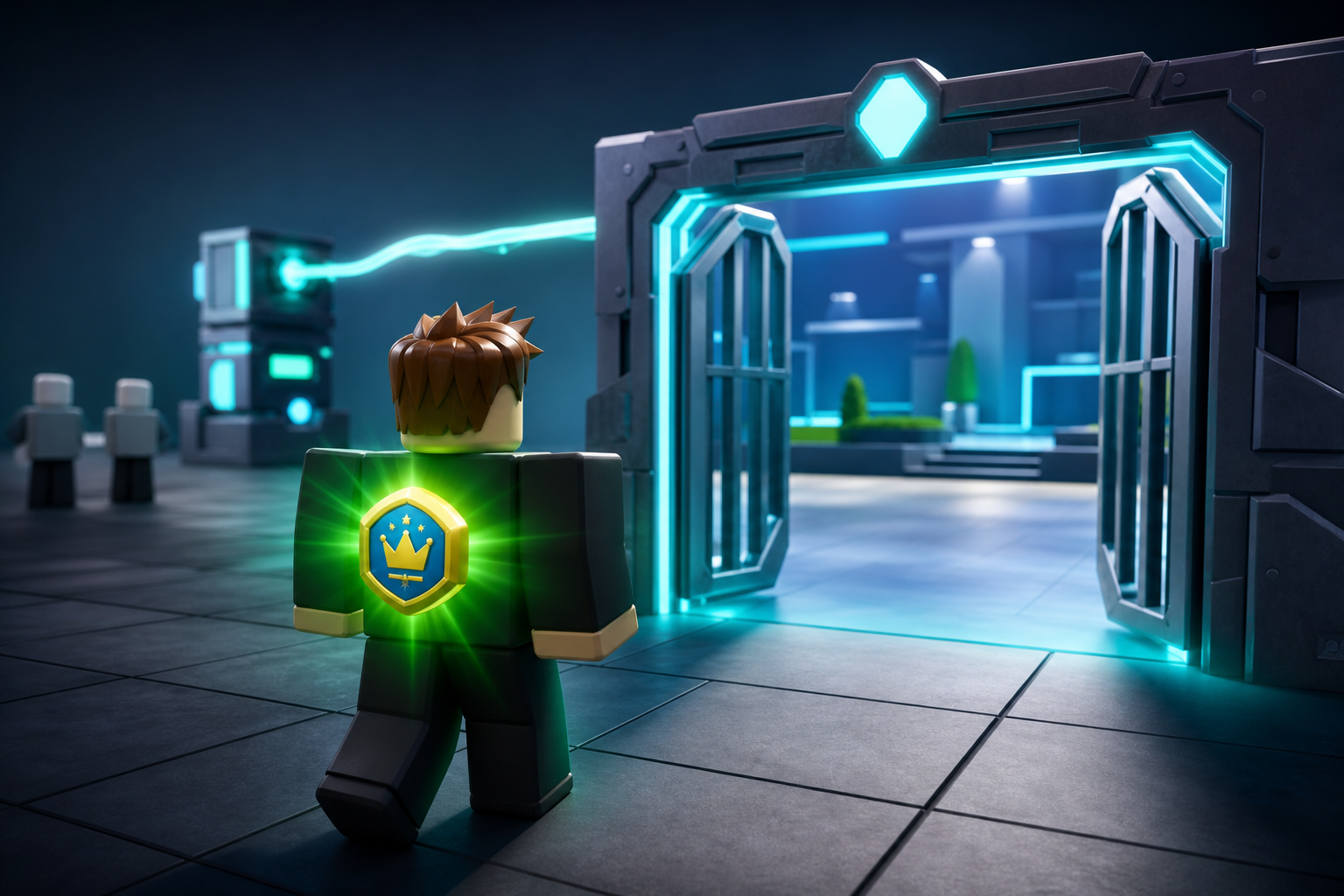 Nhân vật Roblox đeo huy hiệu vương miện phát sáng, bước về phía cổng công nghệ mở trong không gian tương lai.