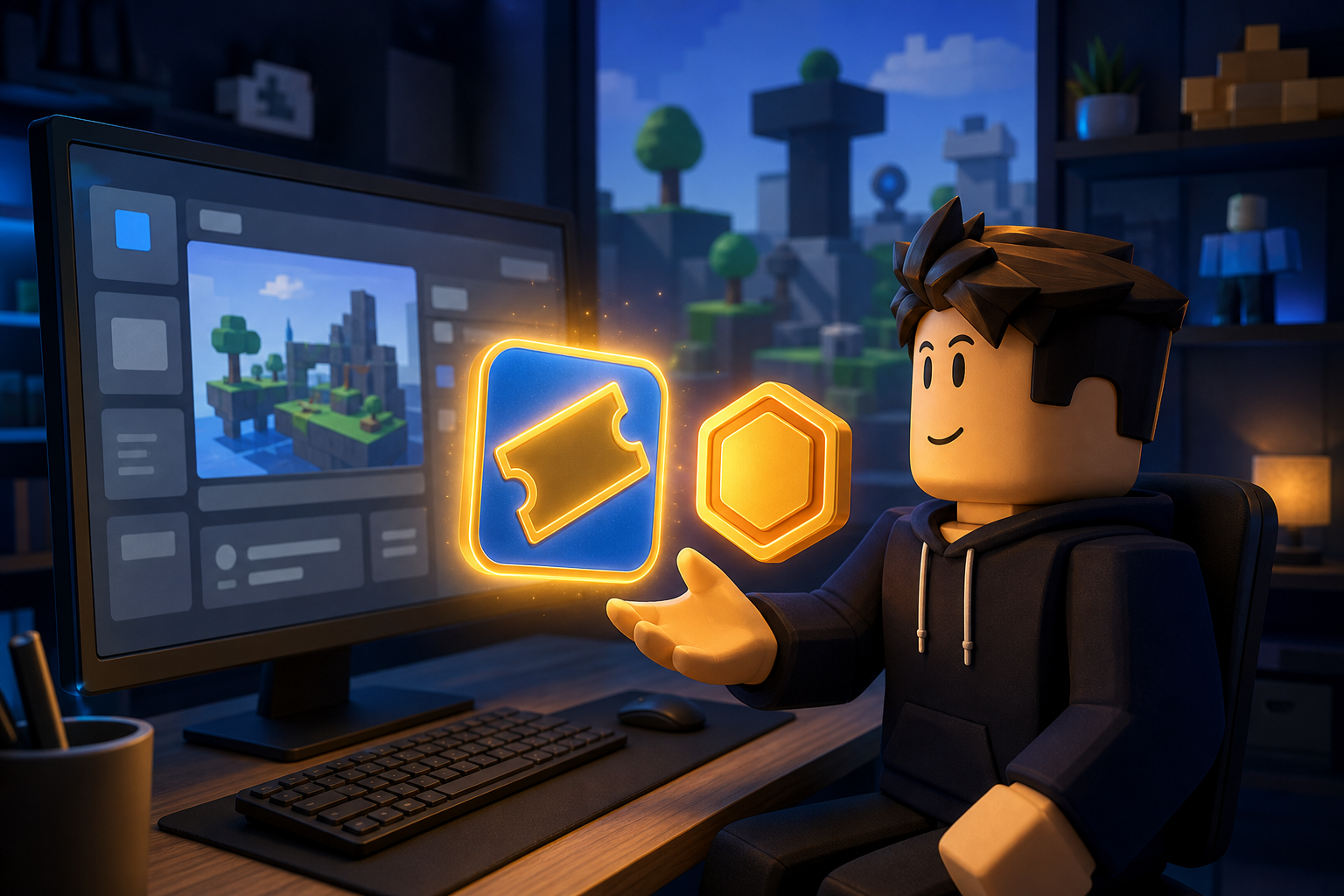 Nhân vật phong cách Roblox ngồi trước máy tính, bên cạnh biểu tượng vé và đồng xu phát sáng.