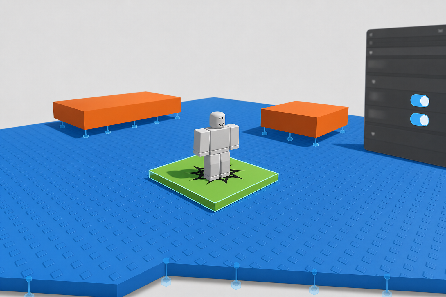Nhân vật Roblox đứng trên điểm xuất hiện xanh giữa sàn xanh, cạnh các khối cam và bảng tùy chọn bật tắt.