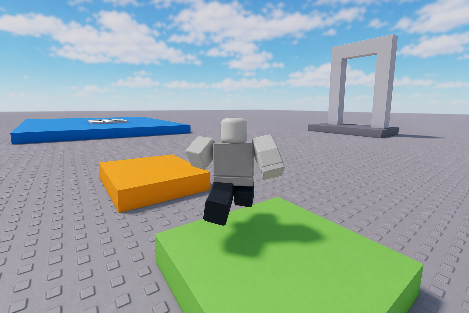 Avatar Roblox đang nhảy trước các khối nền xanh lá, cam, xanh dương và khung cửa trên mặt sàn xám.