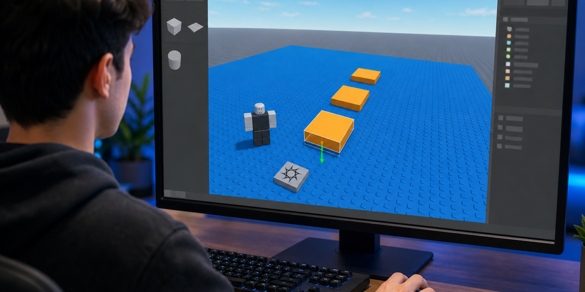 Người dùng máy tính chỉnh các khối màu cam trên nền xanh trong giao diện tạo bản đồ Roblox.