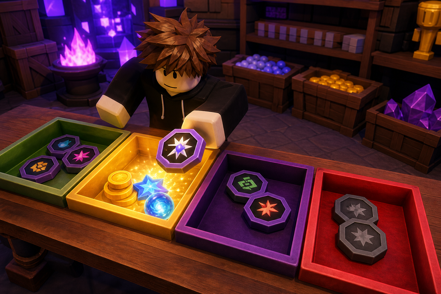 Nhân vật phong cách Roblox phân loại huy hiệu, tiền xu và vật phẩm phát sáng vào các khay màu trên bàn