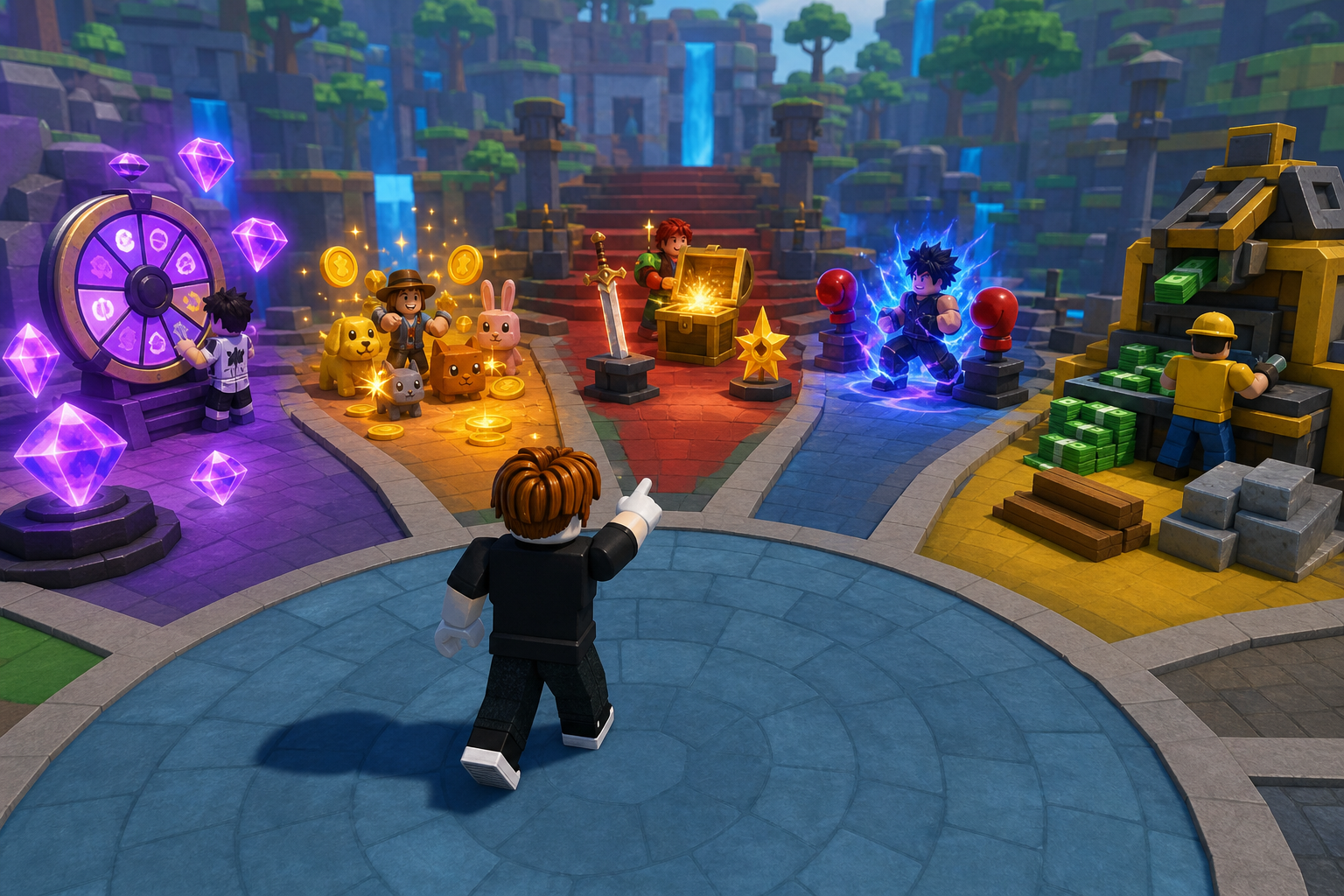 Nhân vật Roblox đứng giữa quảng trường, chỉ về các khu vực với vòng quay, thú cưng, rương kho báu, chiến đấu và tiền.