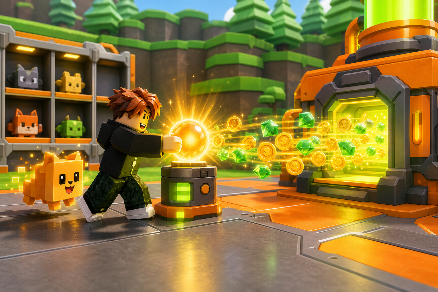 Nhân vật Roblox tương tác với máy phát sáng, thu thập tiền vàng và đá quý bên cạnh thú cưng hình khối