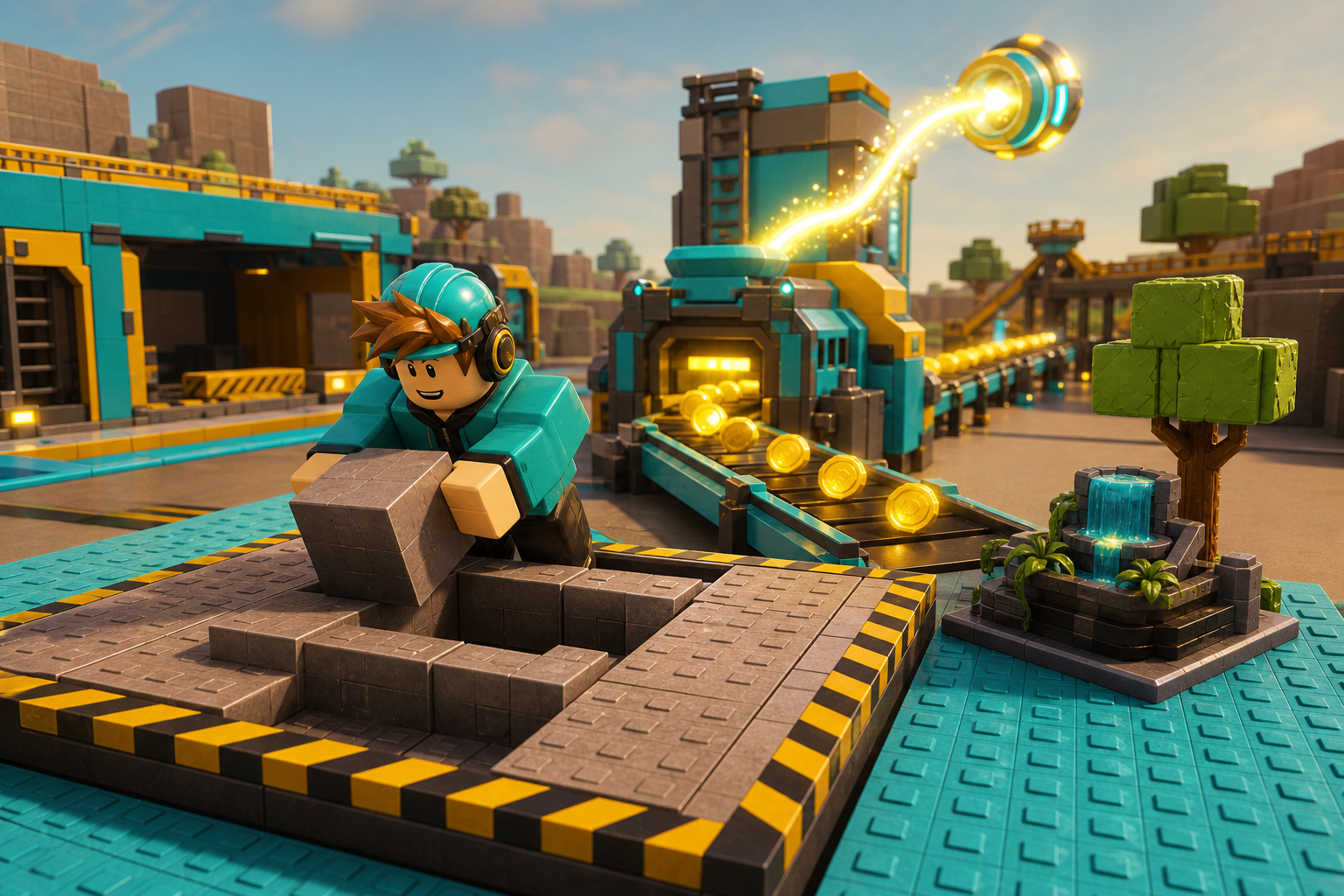 Nhân vật phong cách Roblox cầm khối vật liệu trong căn cứ công nghiệp, cạnh máy năng lượng và băng chuyền chở tiền vàng.