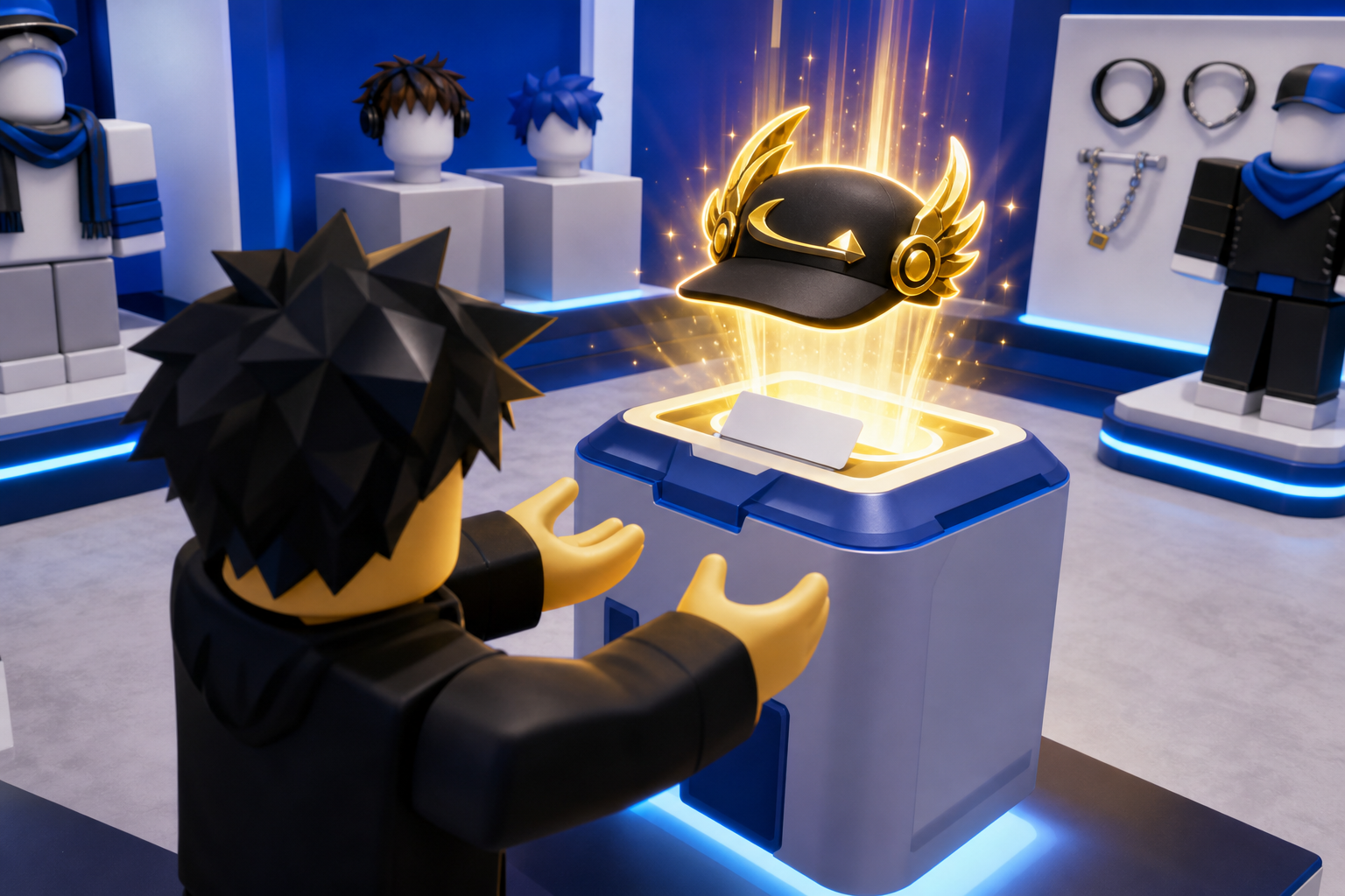 Nhân vật Roblox đưa tay về phía chiếc mũ đen viền vàng phát sáng trên thiết bị xanh trong phòng trưng bày.