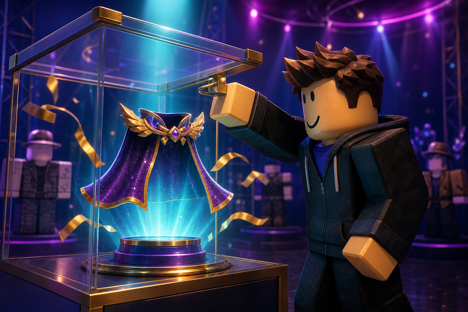 Nhân vật Roblox đứng cạnh áo choàng phát sáng trong tủ kính giữa không gian sự kiện nhiều ánh đèn