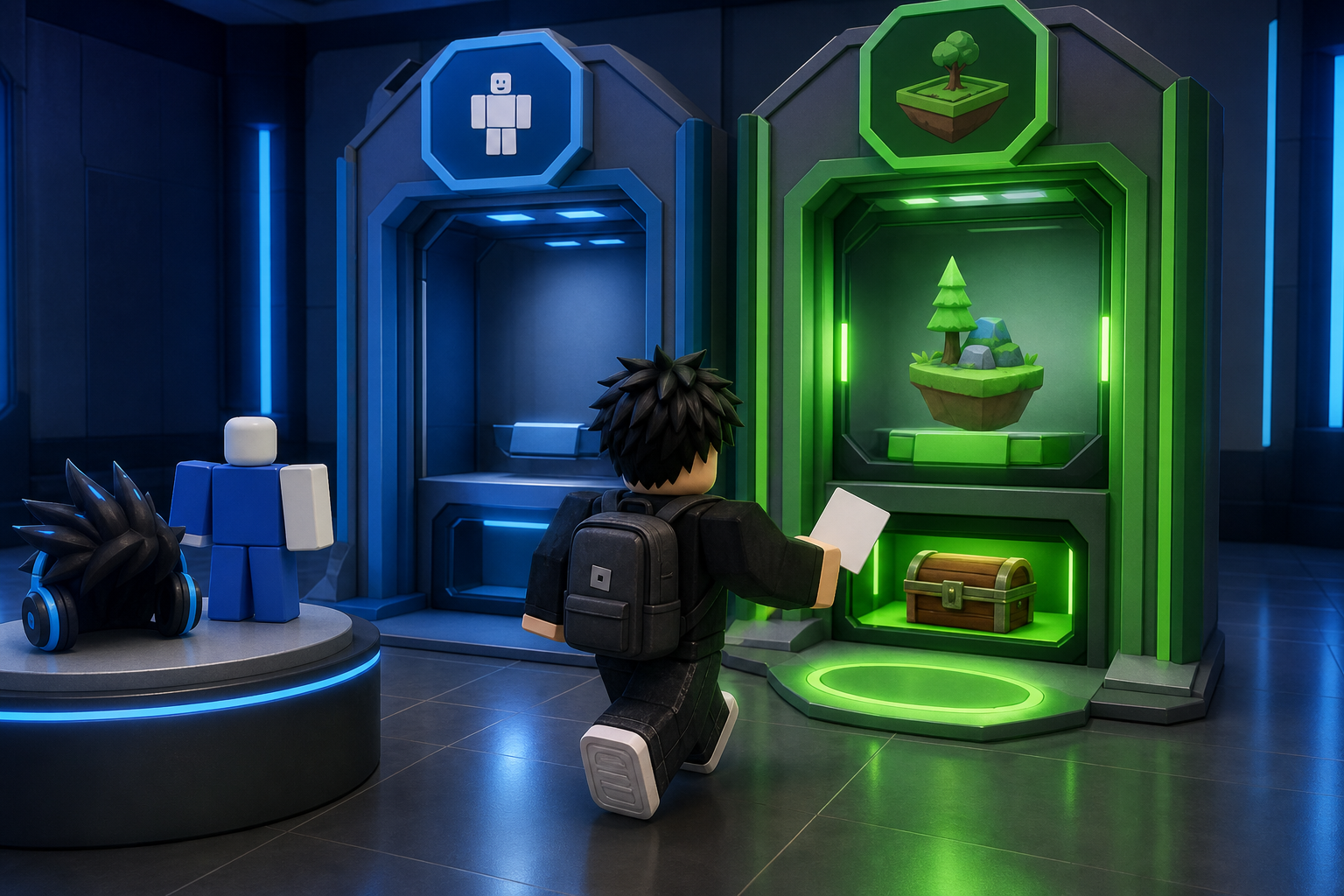 Nhân vật Roblox cầm tờ giấy trước tủ trưng bày màu xanh lá trong không gian công nghệ, cạnh quầy biểu tượng Roblox.