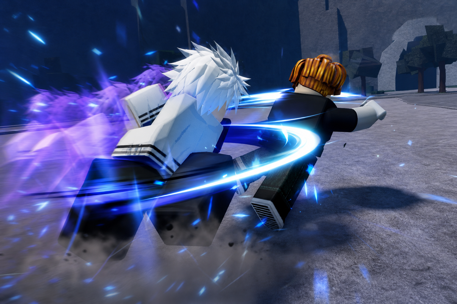 Hai nhân vật Roblox đang lao nhanh trên mặt đất với vệt năng lượng xanh và tím, trong một khu vực ngoài trời.