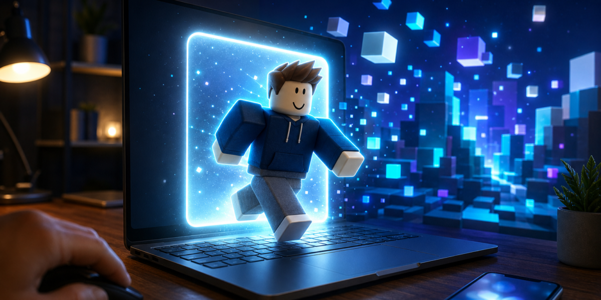Avatar Roblox trung tính bước qua cổng ánh sáng từ laptop cá nhân, tượng trưng cho đăng nhập Roblox an toàn.