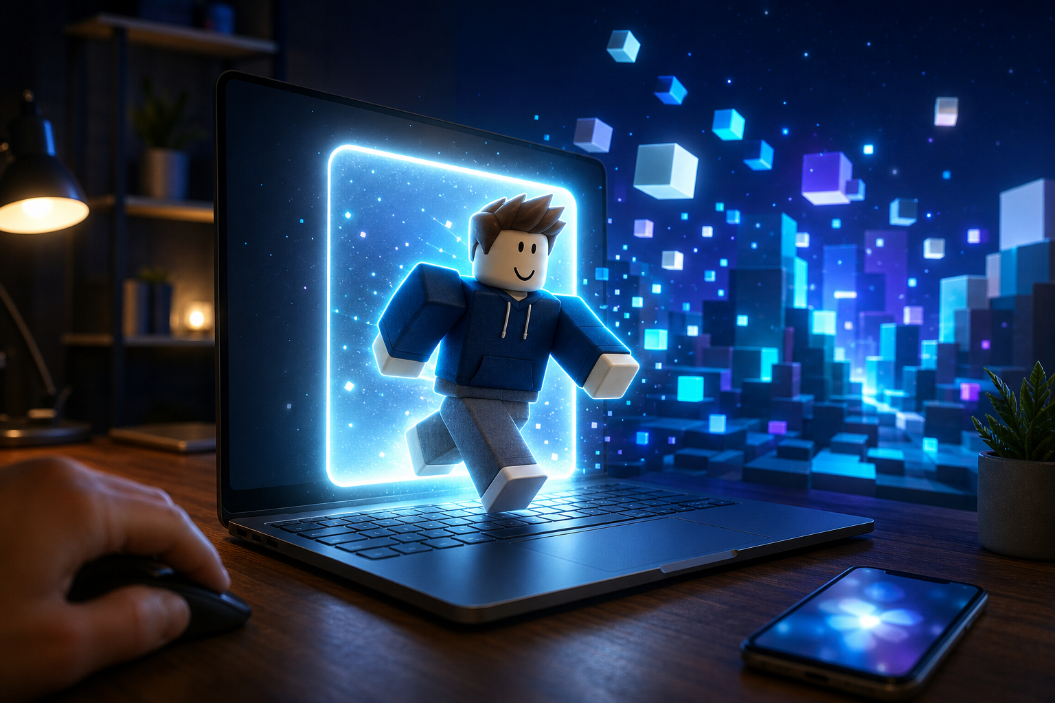 Avatar Roblox trung tính bước qua cổng ánh sáng từ laptop cá nhân, tượng trưng cho đăng nhập Roblox an toàn.