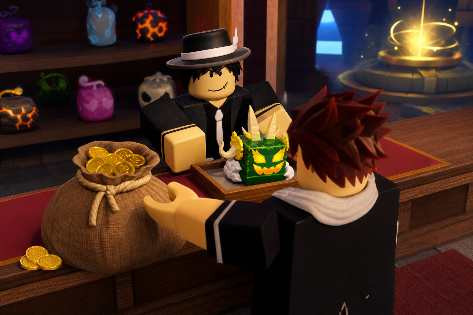 Hai nhân vật Roblox đối diện tại quầy, với quả màu xanh hình đầu rồng đặt trên khay và túi tiền xu bên cạnh.