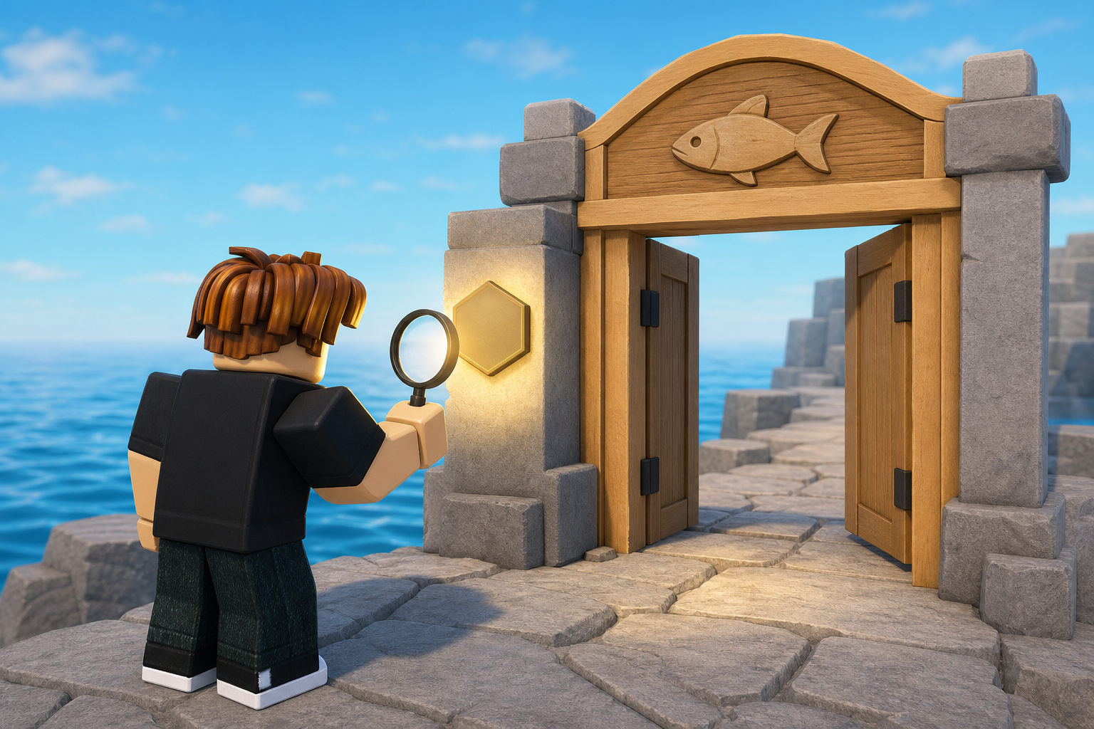 Nhân vật phong cách Roblox dùng kính lúp kiểm tra biểu tượng lục giác cạnh cổng gỗ có hình con cá bên bờ biển.