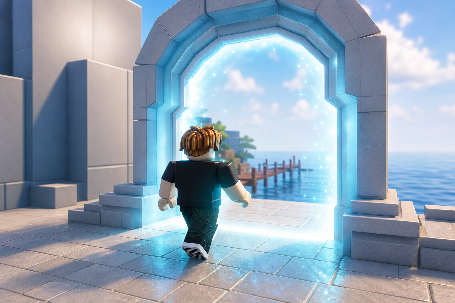 Nhân vật phong cách Roblox bước về phía cổng đá phát sáng, phía sau là cầu tàu và mặt biển dưới trời xanh.