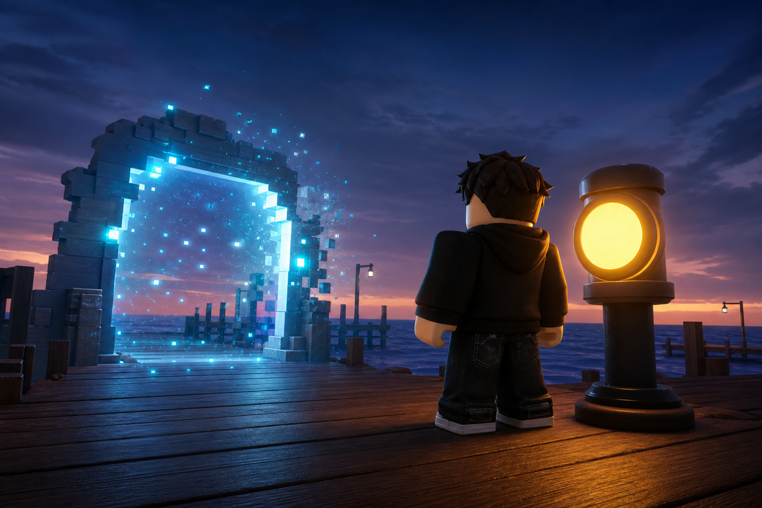Nhân vật phong cách Roblox đứng trên cầu gỗ lúc hoàng hôn, nhìn cổng đá phát sáng xanh với các khối vuông tan rã.