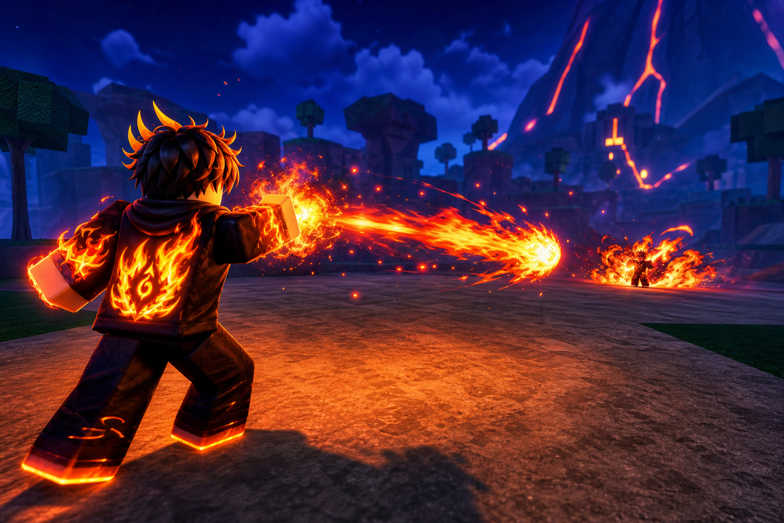 Nhân vật trong game phóng luồng lửa về phía đối thủ giữa khung cảnh núi lửa ban đêm