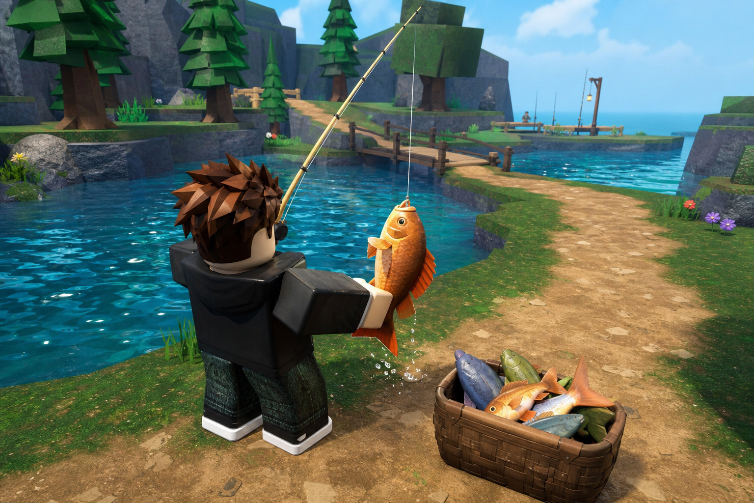 Nhân vật Roblox cầm cần câu và cá bên hồ, cạnh giỏ đầy cá trong khung cảnh rừng có cầu gỗ
